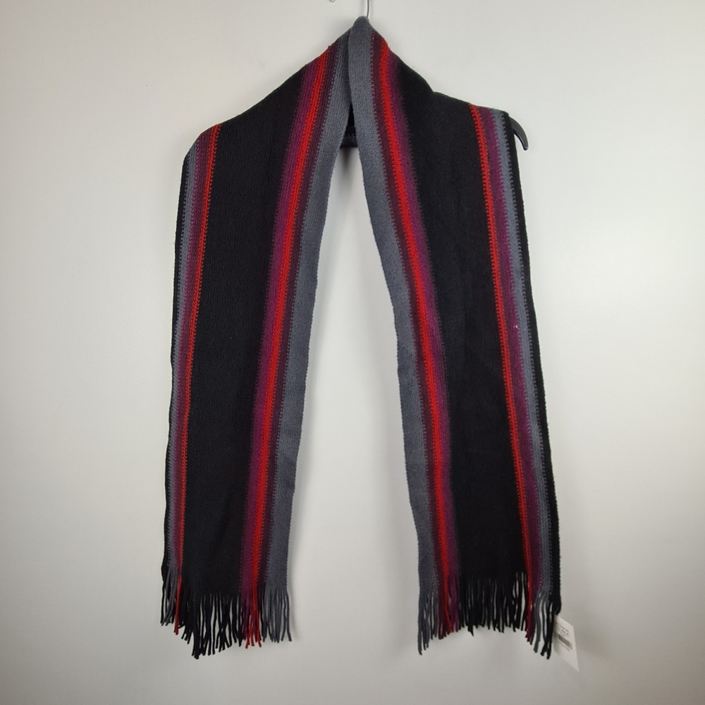 Banana Republic 100% Wool Striped Knit Scarf Black Red Grey Fringe FLAW READ‎